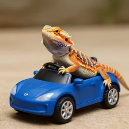 dslr portrait still of a standard bearded dragon driving a little toy car, 8 k 8 5 mm f 1. 4