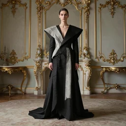 beautiful avant garde fashion, designed by Yohji Yamamoto, shot by Tim Walker in a detailed rococo style studio, full body portrait