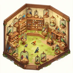 An atmospheric rpg bird ornithologist shop stocked with various mystical birds in cages  dungeon map room , vibrant color scheme, highly detailed, in the style of romanticism, cinematic, artstation, Moebius, Greg rutkowski