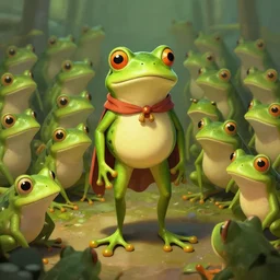 a frog wizard standing on two legs, surrounded by an army of frog magicians, concept art, matte painting, trending artstation, 8k