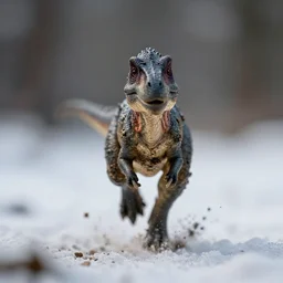 macro photo by national geographic of a tiny muddy dinosaur running extremely fast on snow toward the camera, fast shutter speed, motion blur, tiny gaussian blur, insanely detailed, insanely intricate, depth of field, low contrast, wide aperture, action photography