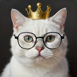 portrait of a white cat with crown and glasses, dramatic lighting, realistic painting, high definition, digital art, matte painting, very detailed, realistic