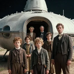 sharp, 35mm still from a sci fi blockbuster movie made in 2022, set in 1860, of a family leaving a spaceship, that has just landed on an alien planet, wearing 1850s era clothes, good lighting, 4k, in focus faces, oscar winner, high quality photography, 35mm macro lens
