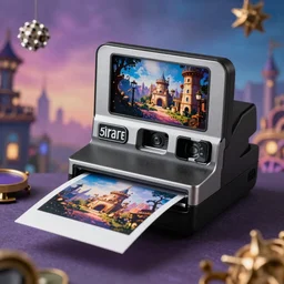 a polaroid Hi print photo printer in a magical multi colored background printing pictures of a steampunk world, product photography