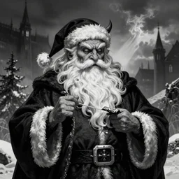 evil santa claus, black and white illustration