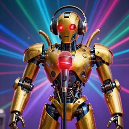 portrait photo of a giant huge golden and blue metal humanoid steampunk robot singer with headphones and gears and tubes, in the foreground is a big red glowing microphone on a tripod, eyes are glowing red lightbulbs, shiny crisp finish, 3 d render, 8 k, insaneley detailed, fluorescent colors, background is multicolored lasershow