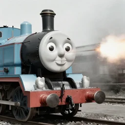 WW2 era photograph, the face of Thomas the tank engine on a 800mm German rail artillery firing a shot at an angle
