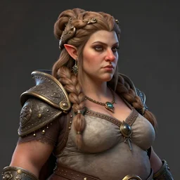 plump female dwarven noblewoman | complex braided hairstyle | hyperdetailed | donato giancola | waist-up portrait | big nose, tubby body | dungeons and dragons |
