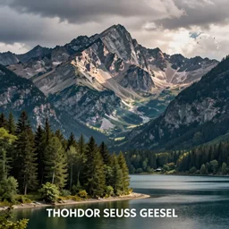 mountains, trees, and lake, by theodor seuss geisel