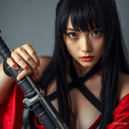 highly detailed beautiful anatsu kyoushitsu cosplay, warcore, dramatic pose, long black hair and fringe, upper body portrait, clear and perfect eyes, midriff, professional photography 8 k 3 5 mm, holding weapon, pixiv