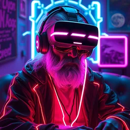 portrait of cyber dumbledore wearing a vr set with lots of neon sitting in his room by greg rutkowski, perfect faces, fine details