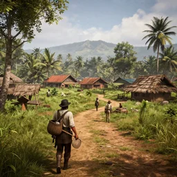 a typical kerala village in the style of red dead redemption 2, cinematic, trending on Artstation CGSociety rendered in Unreal Engine 4k HQ