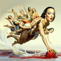 a surrealist mass of woman bodies by salvador Dalí flying is a splash of milk and strawberry sauce