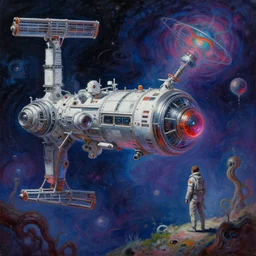 a painting of a space station and a person, digital art by Android Jones, cgsociety, psychedelic art, psychedelic, cosmic horror, mystical
