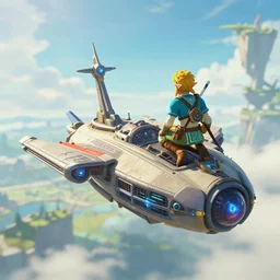 in game footage of a a flying ship from the legend of zelda breath of the wild, breath of the wild art style.