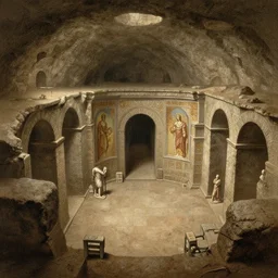 subterranean under earth catacombs kingdom of Julius Caesar, roman historic works, ruins, hyper-detailed, artstation trending, world renowned artists, historic artworks society, antique renewel, cgsociety, by greg rutkowski, by Gustave Dore, Deviantart