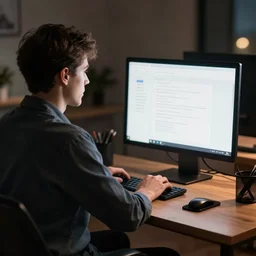 man working late at night on his computer, lit by light on his desk, photo from behind, photorealistic