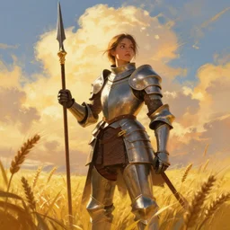 confident looking female knight with a spear, on a wheat field in golden hours, dynamic and vibrant clouds, low angle shot, digital painting, artstation