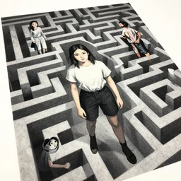 editorial illustration portrait of girl in an impossible maze, mads berg, christopher balaskas, victo ngai, rich grainy texture, detailed, dynamic composition, wide angle, matte print, unreal engine, screen print, ( ( dither ) )