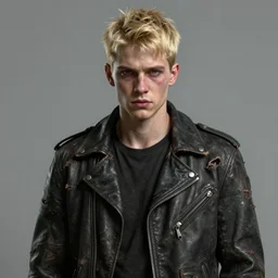 portrait painting of a tough blonde male teen with short hair wearing a tattered black leather jacket, ultra realistic, concept art, intricate details, eerie, highly detailed, photorealistic, octane render, 8 k, unreal engine. art by artgerm and greg rutkowski and charlie bowater and magali villeneuve and alphonse mucha