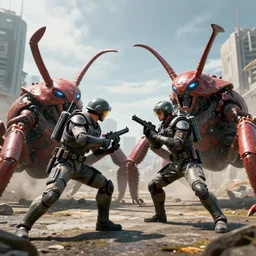 two futuristic soldiers fighting giant bugs in the style of a live action japanese show