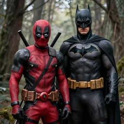 deadpool and batman in the woods digital art 4 k detailed super realistic