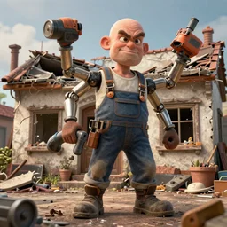 grumpy bald handyman with power tool limbs, in a wrecked home, full body, hyperrealistic digital art masterpiece, highly detailed neo pop surrealism, jason limon kay sage hannah yata, dramatic lighting, low angle, uhd 8 k, sharp focus