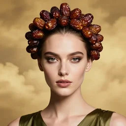 close - up portrait of beautiful female face supermodel portrait wearing olive dress and crown made of sweet fruit called dates by amy leibowitz, wlop, jeremy lipkin, beeple, intricate, artgerm, ilya kuvshinov, golden clouds background