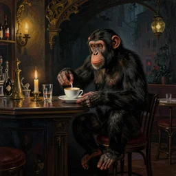Gothic painting of a chimpanzee serving coffee as a barista, in a night-time old-fashioned New York Cafe, candlelight, full shot,