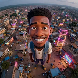 3 d vfx - caricature - art of a bustling - neon lit - ajegunle slum in nigeria, cinestill 8 0 0 t photograph, unreal engine render, digital illustration, illustration style by mike winkelmann, sharp, intricate detail, volumetric light, ray tracing, soft light, colourful, surreal environment, drone view, fish eye lens,