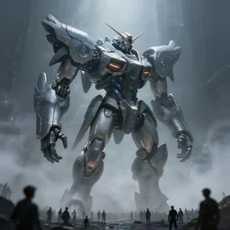an award winning portrait of a giant mecha cyborg entity, crowds of small people below, darksynth, ominous, ethereal, misty, volumetric fog, beautiful specular illumination, smooth, dynamic, artstation, epic fantasy, by greg rutkowski, artgerm, 8 k