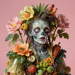 hyper-detailed single portrait of a zombie straightedge punk made out of fruits, vegetables and large flowers in the Baroque style of Arcimboldo, crystalline skin, cinematic lighting, cartoonish, Studio Ghibli, dull pink background,