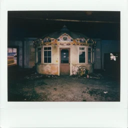 evil funhouse at an abandoned carnival, stained polaroid