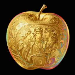 close up image of a golden apple, a rainbow colored outline, intricate, elegant, illustration, digital painting, 8 k, fine detail, artstation, art by greg rutkowski, jack kirby, albert aublet, frank herbert, and alphonse mucha