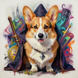 beautiful painting of fantasy corgi assassin cult, by, craig mullins, craig davison. trending on artstation, 8 k, masterpiece, graffiti paint, fine detail, full of color, intricate detail, golden ratio illustration