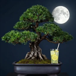 the moon resting under a bonsai tree while holding a lemonade
