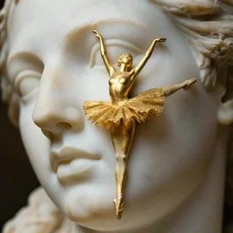 close up of face of marble sculpture, gold, ballett pose, official versace editorial, highly detailed