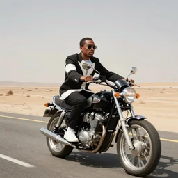 Frank ocean wearing a black and white suit, riding a motorcycle in the desert on a road