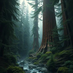 a primeval forest with huge sequoia trees, gigantic trunk, lush and vibrant, ( a small torrent in the foreground ), digital art, cinematic, scenic view, overcast raining, matte painting by ivan shishkin and emmanuel shiu, trending on artstation, 4 k