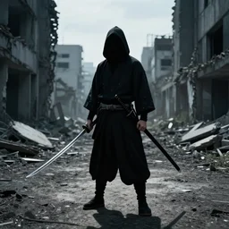 a shadowy man standing in a ruined City the man is holding a Katana photo-realistic