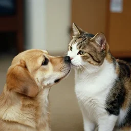 color film still, a cat kissing a dog. ; babe ( 1 9 9 5 )