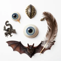 flat lay, knolling of the ingredients of a witch's brew, eye of newt, dragon scales, phoenix feather, wing of bat. high quality studio photograph.