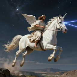 Stylized Artistic Render of Jesus flying a unicorn through space while shooting lasers out of his eyes
