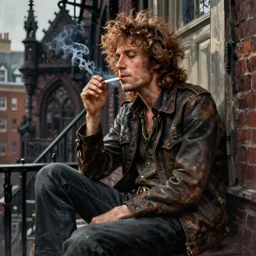 character portrait of a rugged bob dylan sitting down on a fire escape smoking a cigarette in gothic london, gothic, john singer sargent, muted colors, moody colors, illustration, digital illustration, amazing values, art by j. c. leyendecker, joseph christian leyendecker, william - adolphe bouguerea, graphic style, dramatic lighting, gothic lighting
