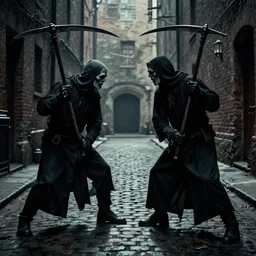 2 grim - reapers fighting with scythes, in a cobblestone alleyway, sydney rocks, horror movie poster