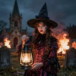 portrait photo still of a spooky young victorian witch holding a lantern, wearing a witches hat, in front of an old cemetery on fire at night, 8 k, 8 5 mm f 1. 8