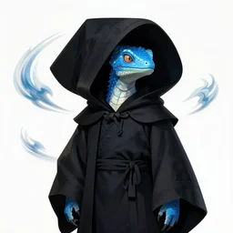 air genasi blue lizardfolk made of wind with large black oversized hood, large black robes, he is wearing a large necromancer hood obscuring his face, head and shoulder portrait, dnd commission, rpg artwork,4K, 8K, very detailed, trending on artstation
