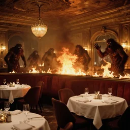 the interior of a luxury restaurant that is burning while monsters appear in the background, 1 9 0 0 s photograph
