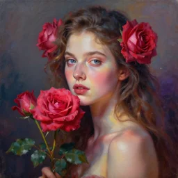 goddess of roses. portrait. colorful atmospheric lighting. highly detailed painting by greg rutkowski.