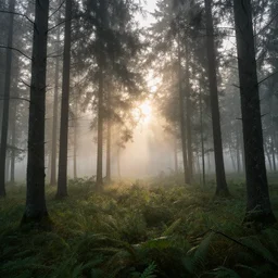 forest, beautiful, dawn, foggy area, photorealistic, panoramic shot, 4 k